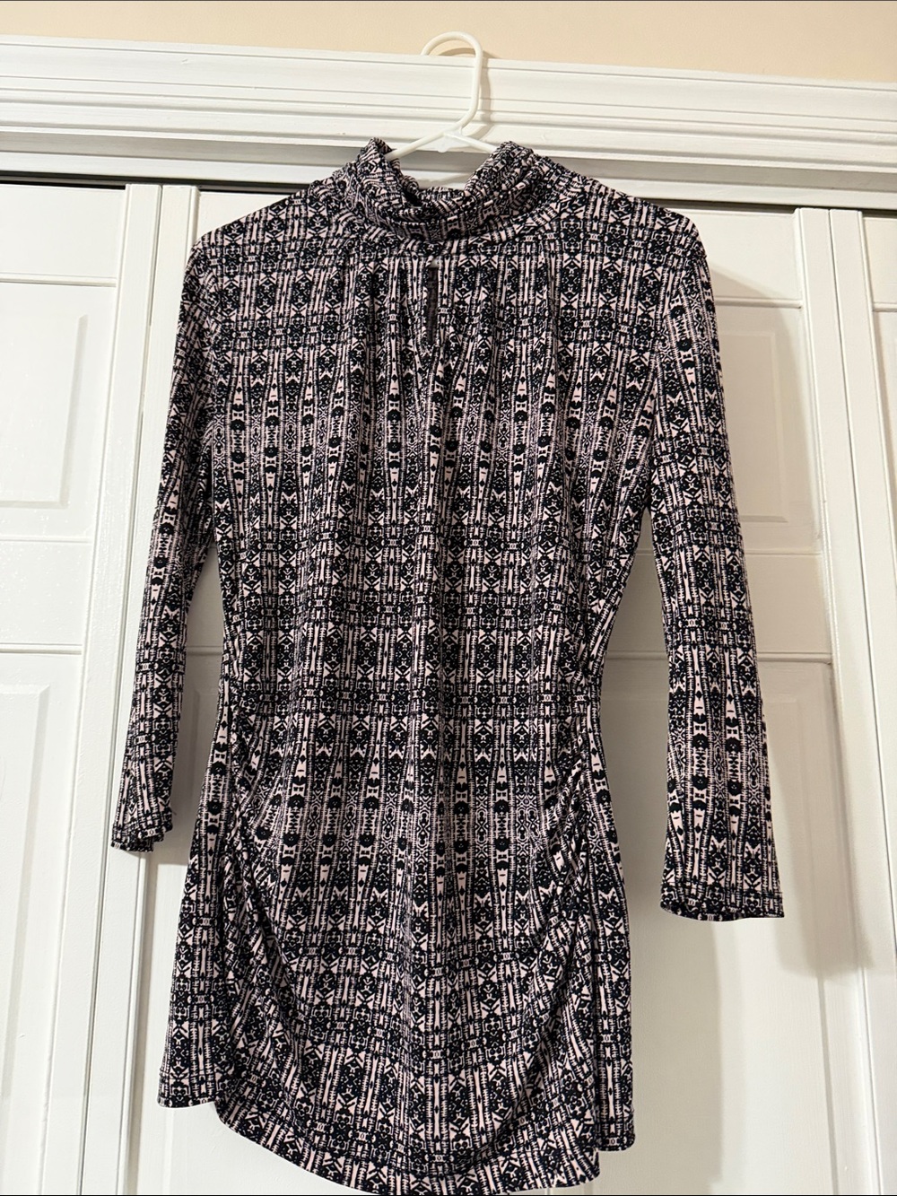 New York & Company Black and Pink Patterned Long Sleeve Mock Neck Dress